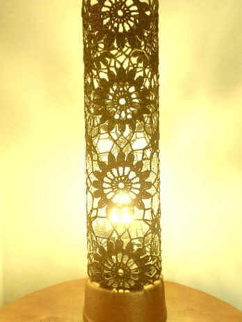 Decorative table lamp with oriental rustic design. Product code: LC-03 Manufacturer: J.S. ArtDesign. Materials: lace stiffened with special resins for textile materials. Power: 1x30 Watt, E14, bulb excluded from the price. Voltage: 220-240V, 50-60 Hz. Color: old green with gold antique finish. Dimensions: diameter: 13 cm, height: 49.