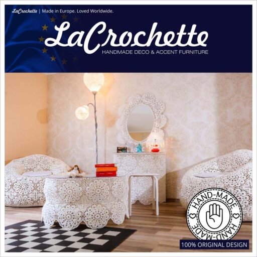 La Crochette – Set Mobilier unicat pentru living. Produsele.La Crochette sunt realizate manual in Europa (Romania) de J.S.ArtDesign. Croșetate manual din bumbac 100%, întărite cu rășini epoxidice care le oferă rezistența necesară pentru utilizare, piesele de decor handmade și mobilierul de accent La Crochette sunt concepute pentru a adăuga acea senzație specială de căldură în fiecare casă. Toate produsele LaCrochette pot fi curățate cu ușurință cu apă și detergent obișnuit. La Crochette Stil: Art Deco, Clasic, Contemporan, Artizanat Materiale: 100% bumbac ranforsat cu rasini epoxidice
