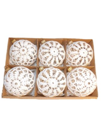 This elegant collection of 6 glass globes is wrapped in delicate hand crocheted white lace, adding a special charm to any festive Christmas decor.