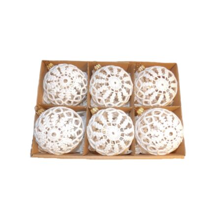 This elegant collection of 6 glass globes is wrapped in delicate hand crocheted white lace, adding a special charm to any festive Christmas decor.